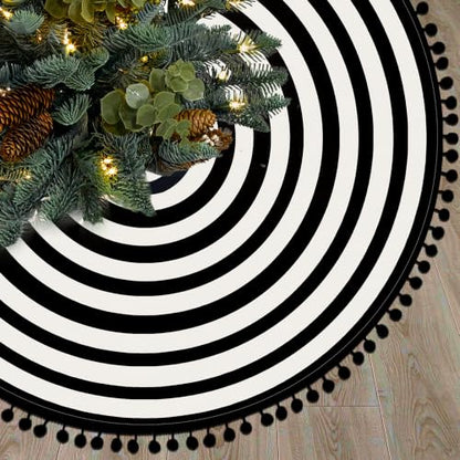 Black and White Christmas Tree Skirt 36 Inch Holiday Decor with Pom-Pom Trim - Halloween & Xmas
