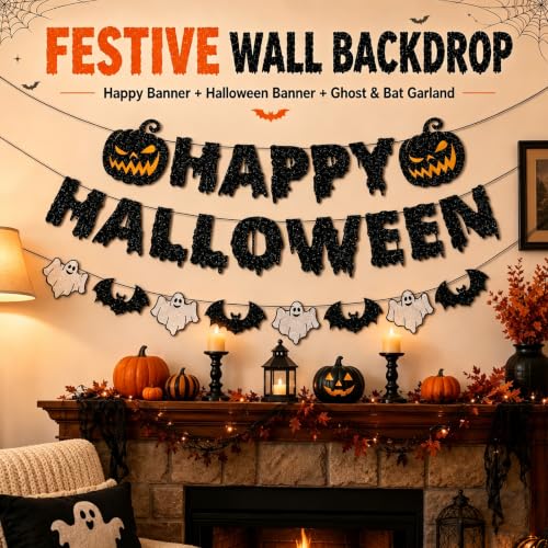 Halloween Indoor Decorations Set with Webs, Bat Stickers & Table Runners