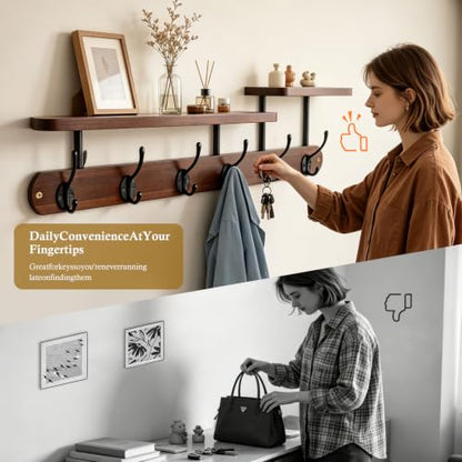 Dark Wood Wall Mount Coat Rack with 2-Tier Shelves and 6 Dual Hooks