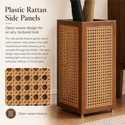 Plastic Rattan Umbrella Stand for Entryway, Tall Square Holder Basket with Drip Tray