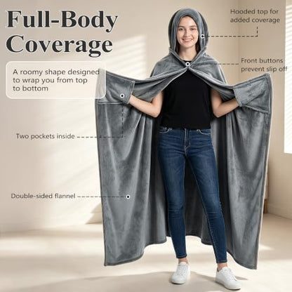 Grey Waterproof Hooded Blanket Poncho for Outdoor Warm Wearable Cape
