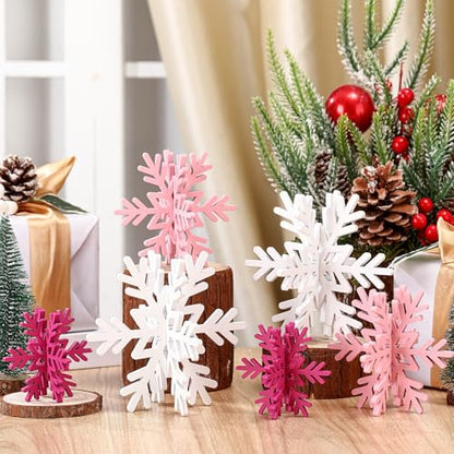 Wooden Snowflake Table Decorations Set - 12 Pcs Winter Holiday Centerpieces - White, Pink, Rose Red