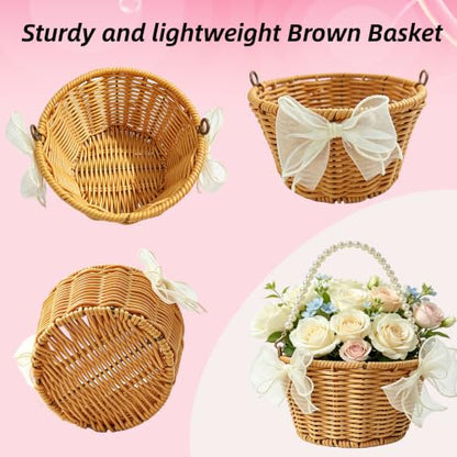 Wedding Flower Girl Basket Set with Pearl Handle & Petals, Rustic Rattan