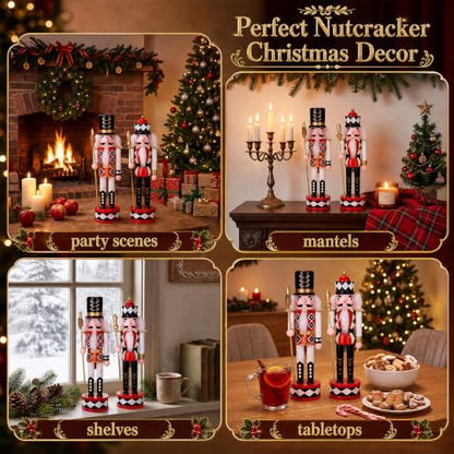 2-Piece 12-Inch Wooden Christmas Nutcracker Decor Set - Checkered Soldier Figures