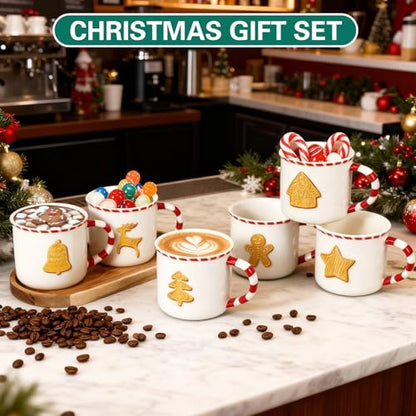 Christmas Gingerbread House Mug Set - 6 Pack Candy Cane Handle 10 oz
