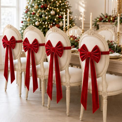 4PCS Red Christmas Bow Chair Sashes Elastic Velvet Decor