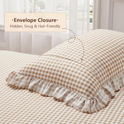 Taupe Gingham Ruffle Queen Bed Sheet Set - Microfiber Plaid Bedding