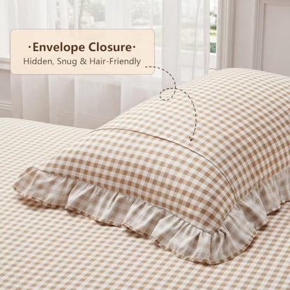Taupe Gingham Ruffle Queen Bed Sheet Set - Microfiber Plaid Bedding