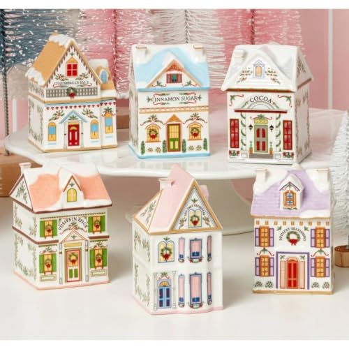 Christmas Village Spice House Set - Holiday Ceramic Decor for Kitchen & Tabletop, 6 Pieces