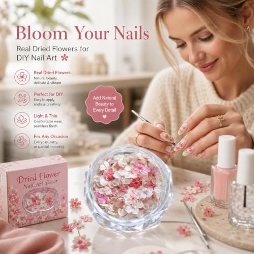 Color 6 Dried Flowers for Nail Art, Natural Pressed Botanical Accents, 1 Piece