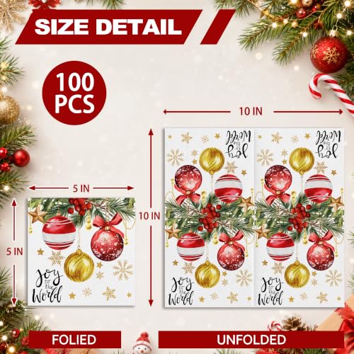 Christmas Joy Disposable Paper Napkins 100 Pack - Red Gold Ornament Pine Snowflake