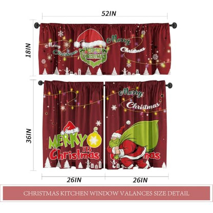 Christmas Curtain Valances Set - Red, 3-Piece Holiday Kitchen Window Decor