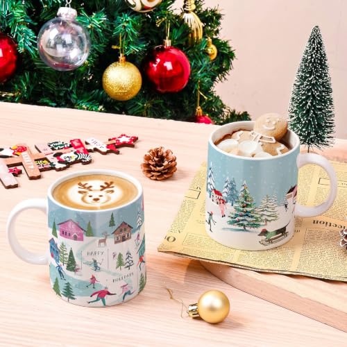 Winter Ice Skating Mug Set - 4 Ceramic Holiday Gift Coffee Cups 11.8 oz
