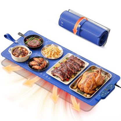 Blue Warming Mat for Food 37x15 Inches with 7 Heat Levels & 8-Hour Timer