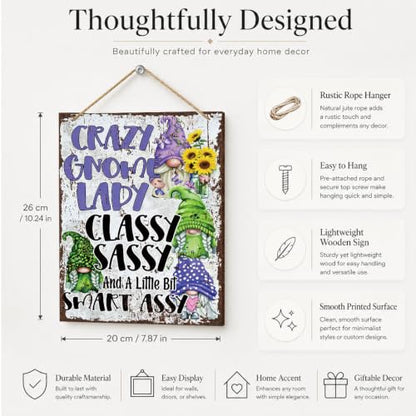 Funny Gnome Decor - Crazy Gnome Lady Sign, Rustic Wooden Wall Art - Style 01