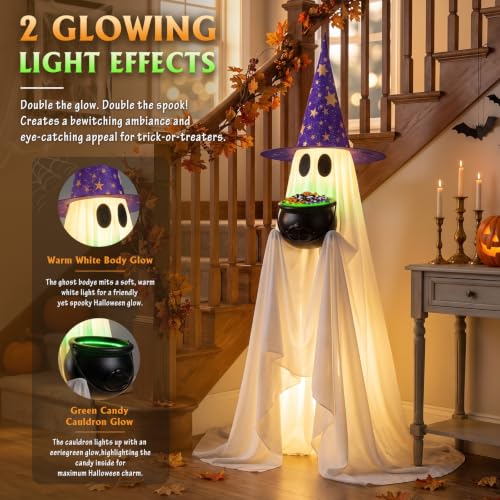 Halloween Ghost Decor with Lighted Cauldron - 53 Inch Large Trick-or-Treat Display