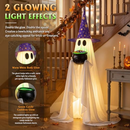 Halloween Ghost Decor with Lighted Cauldron - 53 Inch Large Trick-or-Treat Display