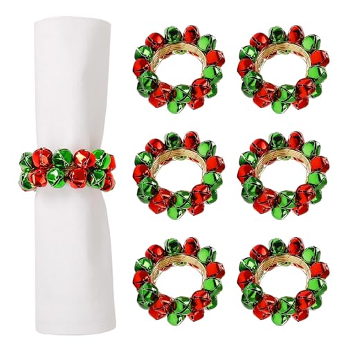 Christmas Bell Napkin Rings Set of 6 - Green and Red Metal Buckle Decoration