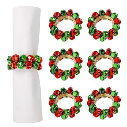 Christmas Bell Napkin Rings Set of 6 - Green and Red Metal Buckle Decoration