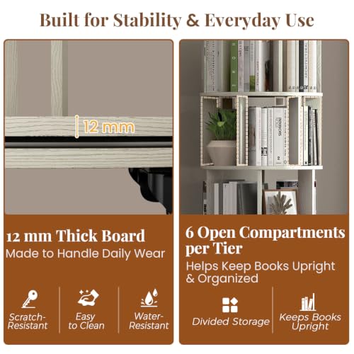 6-Tier Rotating Bookshelf Tower - Vintage White 360° Spin Storage