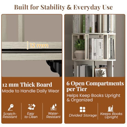 6-Tier Rotating Bookshelf Tower - Vintage White 360° Spin Storage