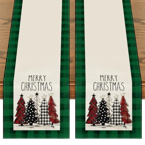 Green Buffalo Plaid Xmas Tree Table Runner Set of 2 13x72 Inches Seasonal Holiday Decor