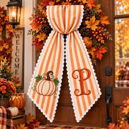 Personalized Fall Wreath Sash with Pumpkin & Monogram New2 - Autumn Front Door Decor