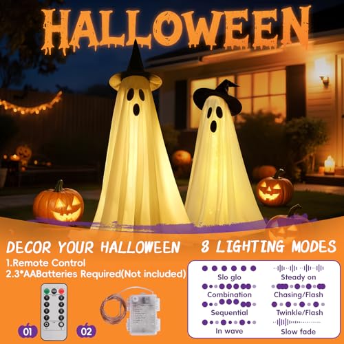 Outdoor Ghost Halloween Decorations Set with LED Lights and Adjustable Height