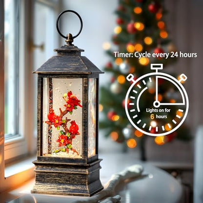 Christmas Snow Globe Lantern with Music & Timer - Cardinal Red, 10.4''