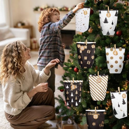 Christmas Advent Calendar Gift Bags Set with 24 Number Stickers & Wooden Clips
