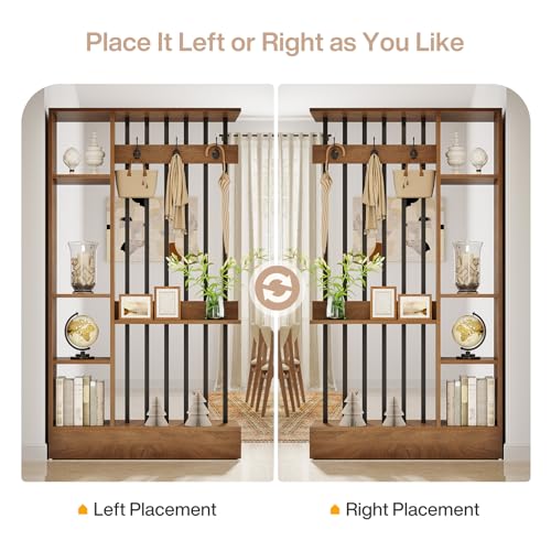 Tribesigns 71" Wall Divider with Open Shelves & Coat Hooks - Brown, 39.37" W x 11.81" D x 70.87" H