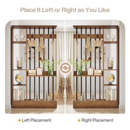 Tribesigns 71" Wall Divider with Open Shelves & Coat Hooks - Brown, 39.37" W x 11.81" D x 70.87" H