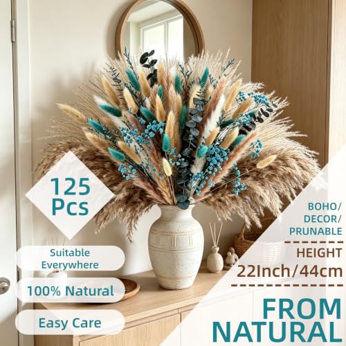 125 Pcs Turquoise Dried Pampas Grass for Home Decor & Bouquets - Natural & Fluffy