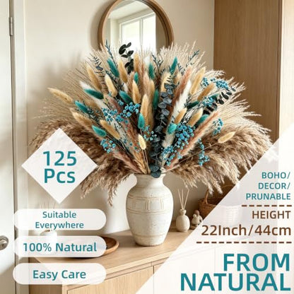 125 Pcs Turquoise Dried Pampas Grass for Home Decor & Bouquets - Natural & Fluffy