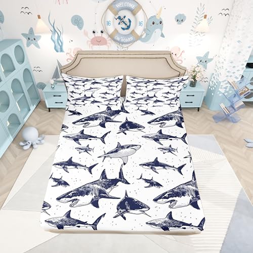 Shark Fitted Sheet Queen Deep Pocket Ocean Life Bedding Set Pattern 105