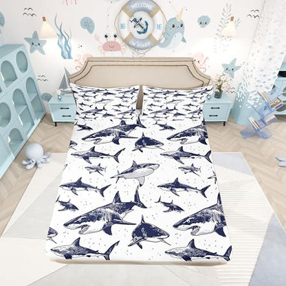 Shark Fitted Sheet Queen Deep Pocket Ocean Life Bedding Set Pattern 105