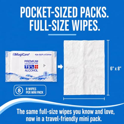 Mini Hand Sanitizer Wipes 8 Pack - Alcohol Wipes Travel Disinfectant, Fragrance-Free, 48 Total