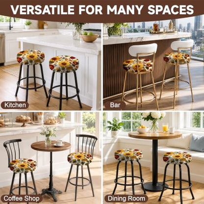 Sunflower Floral Round Stool Cover 12-15 Inch Fits Bar & Kitchen Seats - 2PCS