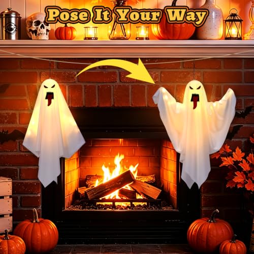 Halloween Outdoor Indoor Hanging Ghost Decorations - 4 Pack with Warm Light & DIY Arms