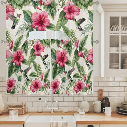 Red Flower Swag Kitchen Curtains Set - 3 Piece Summer Valance & Tier, 56 x 36 Inches, Variation of 27.5W x 24L