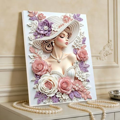 Lady Pearl Painting with 3D Crystal & Pearl Details - Framed Artwork