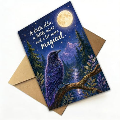 Mystical Raven Birthday Card WX-506 with Envelope & Seal - Forest & Moonlit Design