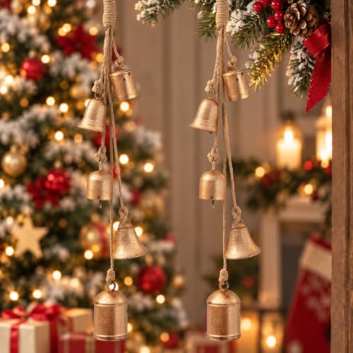 Rust Gold Handmade 30-Inch Christmas Bells for Holiday Decor - 2 Pack