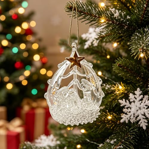 Glass Nativity Christmas Tree Ornaments Set of 2 with Gold Star - Holiday Decor