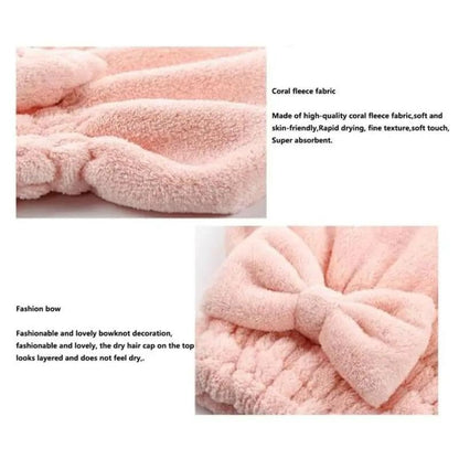 Women's 4-Piece Bow Decor Shower Cap and Hair Towel Wrap Set - Reusable Ultra-Absorbent Coral Fleece, Travel-Friendly Self Care