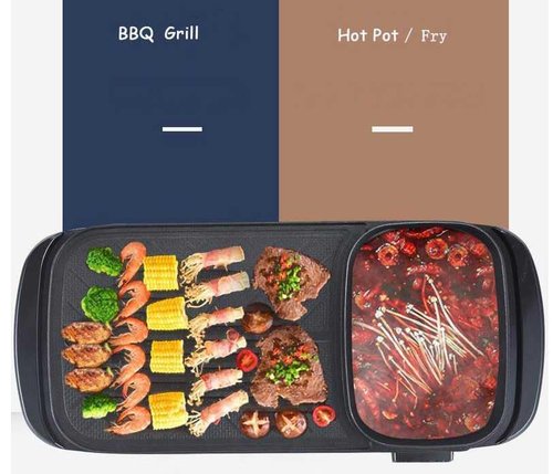 Electric 2 in 1 Grill with Shabu Shabu Hot Pot. Multifunctional Indoor Teppanyaki Korean BBQ Capacity for 2-5 People