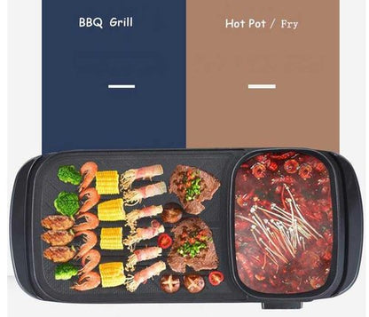 Electric 2 in 1 Grill with Shabu Shabu Hot Pot. Multifunctional Indoor Teppanyaki Korean BBQ Capacity for 2-5 People