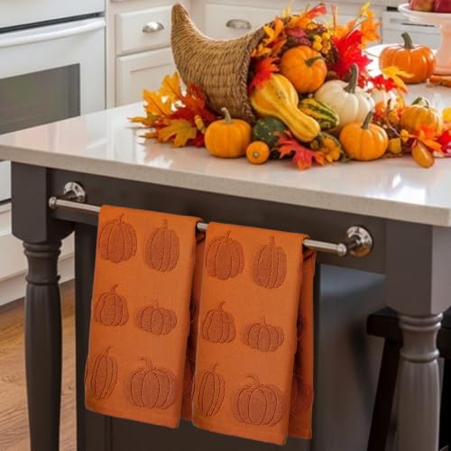 Fall Pumpkin Hand Towels Set - Rust Cotton Jacquard Kitchen & Bathroom Decor