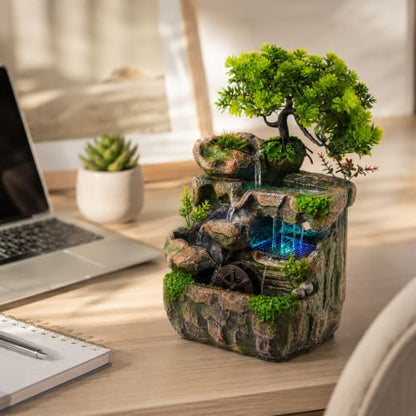 Indoor Tabletop Water Fountain with LED Light - Rockery Waterfall Decor