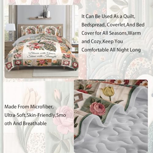 Queen Size Patchwork Peacock Bedspread Coverlet Set - 3 Pieces, Pink Roses & Floral Quilt with Pillow Shams, Green Metallic Tail Design, Garden Room Decor